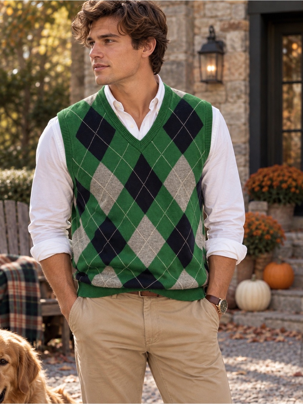 Jcrew Men's Green Navy Blue Gray Argyle V-Neck Sweater Vest Size L
